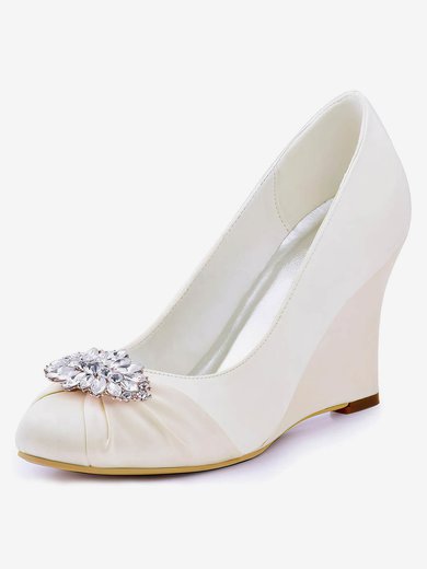 Women's Closed Toe Wedge Heel White Satin Wedding Shoes #Milly03030877
