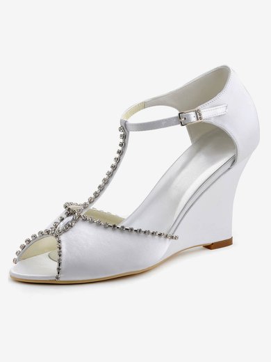 Women's Peep Toe Wedge Heel White Satin Wedding Shoes #Milly03030882