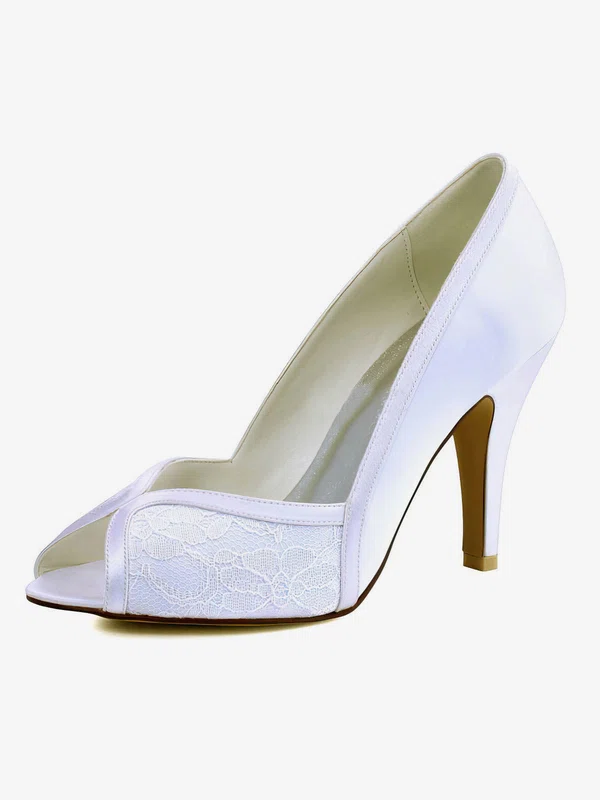 Women's Pumps Cone Heel White Satin Wedding Shoes #Milly03030894