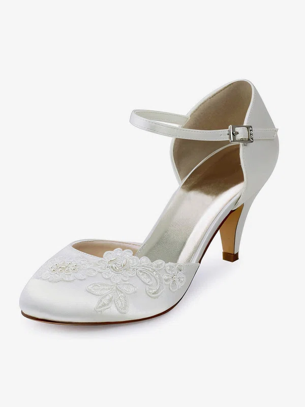 Women's Pumps Cone Heel White Satin Wedding Shoes #Milly03030899