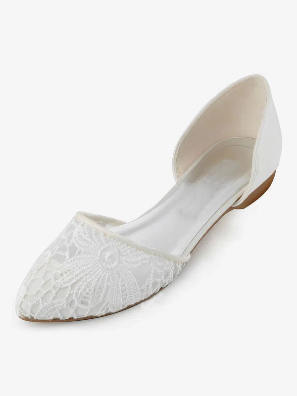 Women's Closed Toe Flat Heel White Satin Wedding Shoes #Milly03030900
