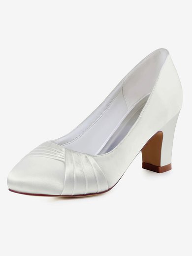 Women's Pumps Chunky Heel White Satin Wedding Shoes #Milly03030901