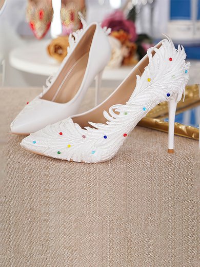 Women's Pumps Stiletto Heel White Leatherette Wedding Shoes #Milly03030912
