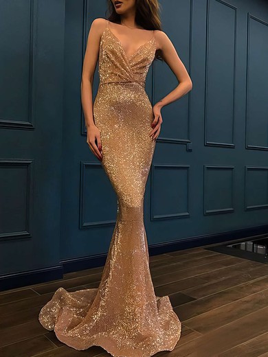 Trumpet/Mermaid V-neck Sequined Sweep Train Prom Dresses #Milly020106503