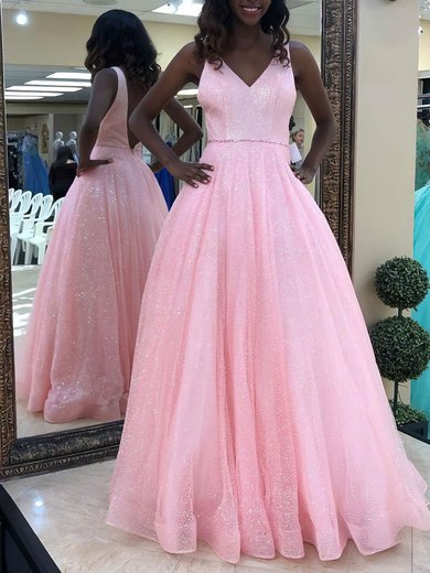 Ball Gown/Princess Floor-length V-neck Glitter Beading Prom Dresses #Milly020106507