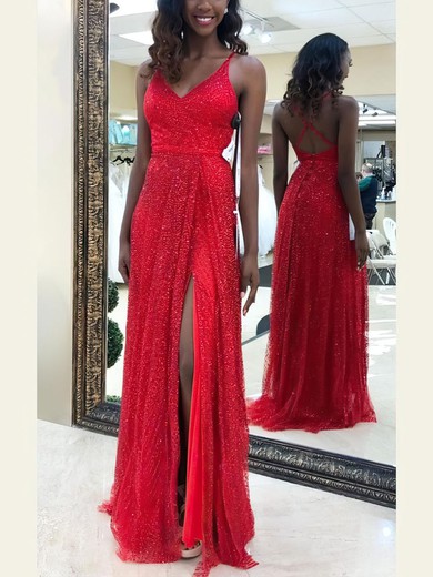 A-line Floor-length V-neck Sequined Split Front Prom Dresses #Milly020106508