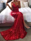 Sheath/Column Cowl Neck Sequined Sweep Train Prom Dresses With Split Front #Milly020106509