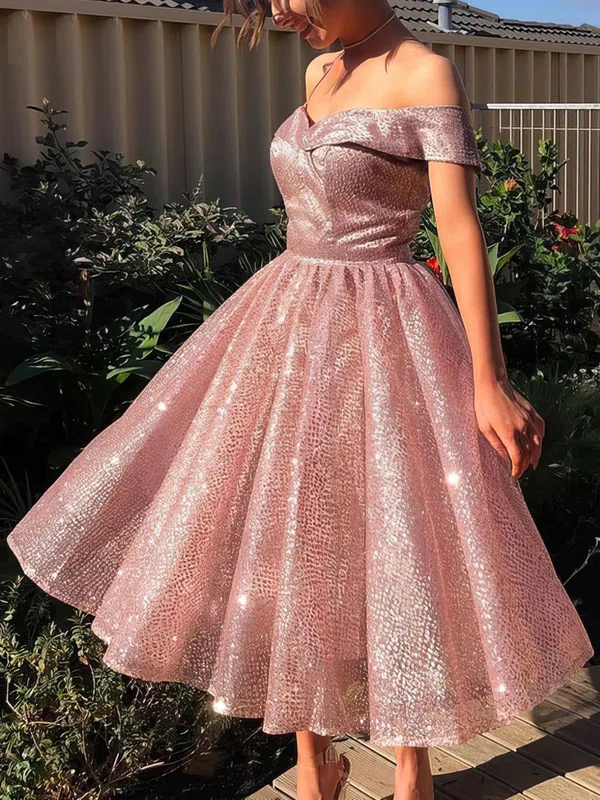A-line Off-the-shoulder Glitter Tea-length Short Prom Dresses #Milly020106510