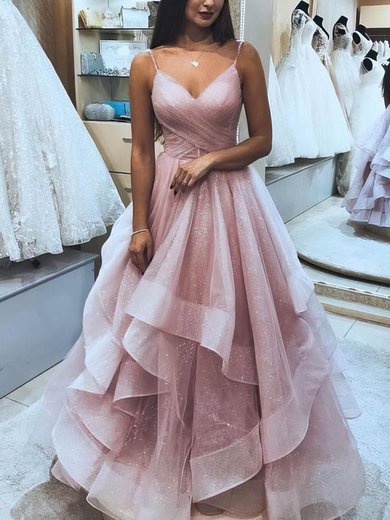 Ball Gown/Princess Floor-length V-neck Glitter Cascading Ruffles Prom Dresses #Milly020106511