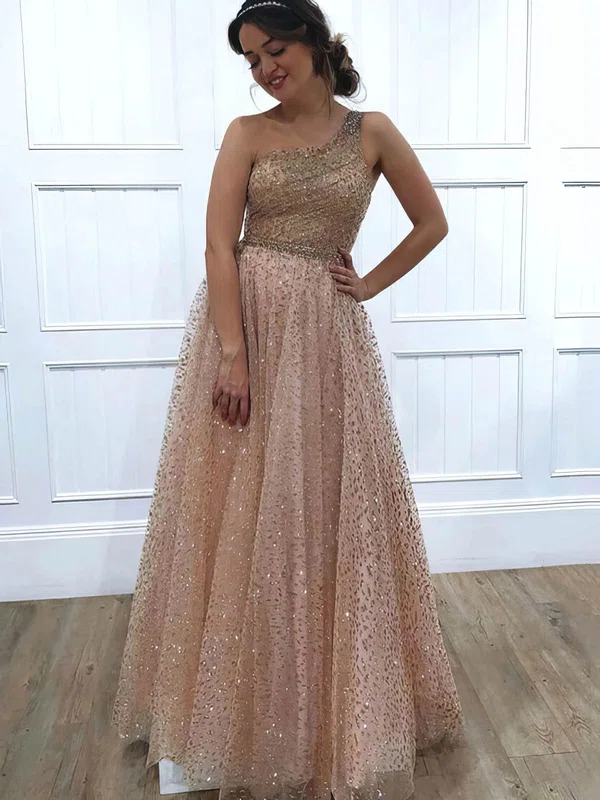 A-line One Shoulder Glitter Floor-length Beading Prom Dresses #Milly020106516