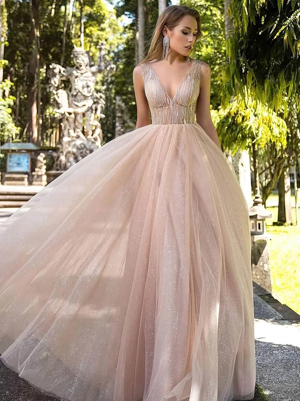 Ball Gown V-neck Tulle Glitter Floor-length Beading Prom Dresses #Milly020106519
