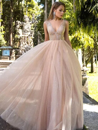 Ball Gown V-neck Floor-length Tulle Prom Dresses With Beading #Milly020106519