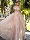 Princess V-neck Tulle Glitter Floor-length Beading Prom Dresses #Milly020106519