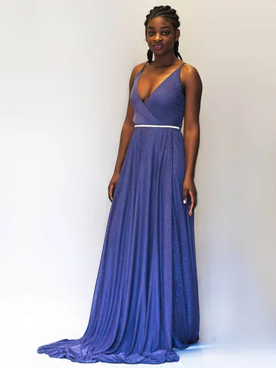 A-line Sweep Train V-neck Shimmer Crepe Sashes / Ribbons Prom Dresses #Milly020106521