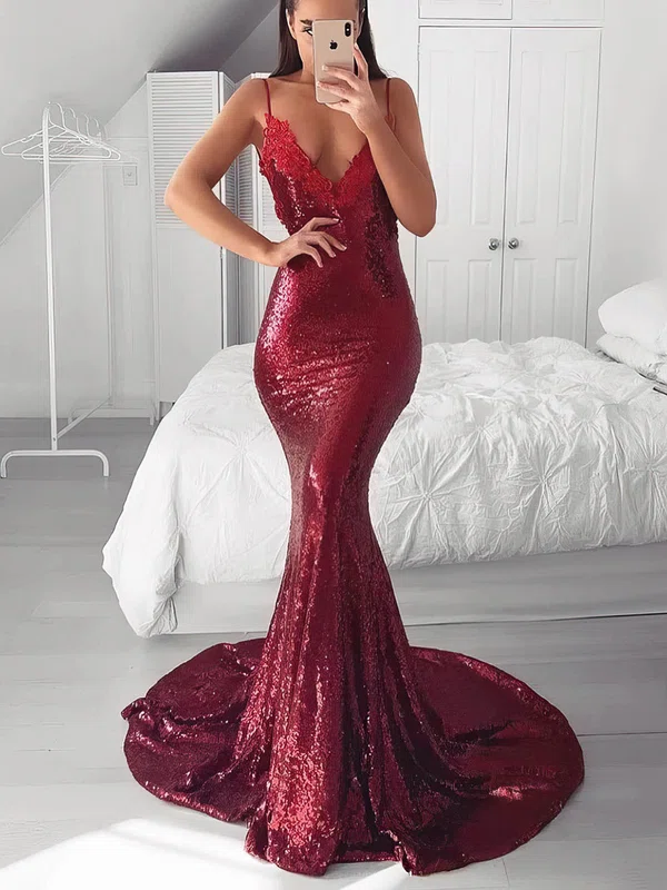Trumpet/Mermaid Sweep Train V-neck Sequined Appliques Lace Prom Dresses #Milly020106523