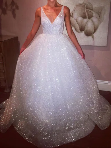Ivory Ball Gown V-neck Backless Tulle Prom Dresses #Milly020106524