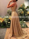 A-line V-neck Shimmer Crepe Sweep Train Beading Prom Dresses #Milly020106526