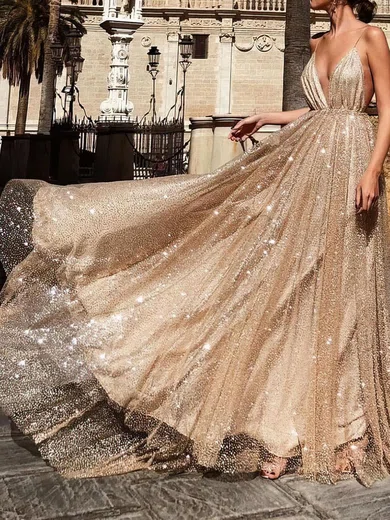 A-line V-neck Tulle Backless Prom Dresses With Ruched #Milly020106528