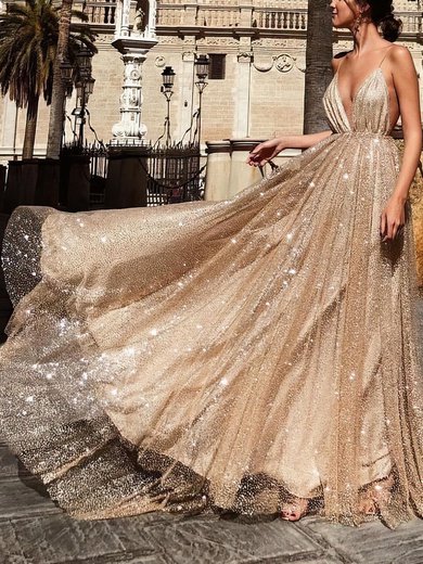 A-line V-neck Glitter Sweep Train Prom Dresses #Milly020106528