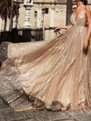 A-line V-neck Tulle Backless Prom Dresses With Ruched #Milly020106528