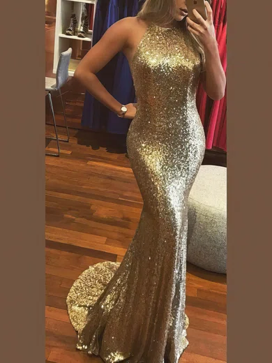 Trumpet/Mermaid Halter Sequined Sweep Train Prom Dresses #Milly020106537