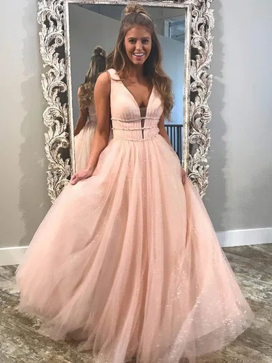 Ball Gown V-neck Floor-length Tulle Prom Dresses With Beading #Milly020106542
