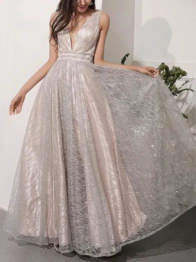 A-line V-neck Glitter Floor-length Beading Prom Dresses #Milly020106543