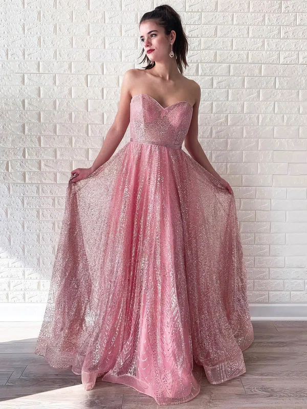 A-line Sweetheart Glitter Floor-length Beading Prom Dresses #Milly020106544