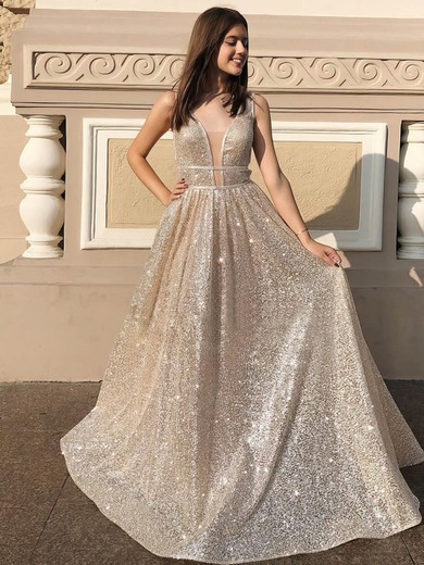 Princess V-neck Sequined Floor-length Prom Dresses #Milly020106548