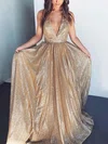 A-line Floor-length V-neck Glitter Prom Dresses #Milly020106550