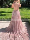 A-line V-neck Glitter Sweep Train Ruffles Prom Dresses #Milly020106556