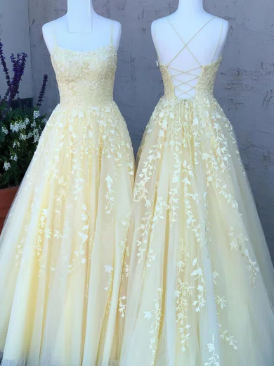 Ball Gown Scoop Neck Tulle Prom Dresses With Appliques #Milly020106558