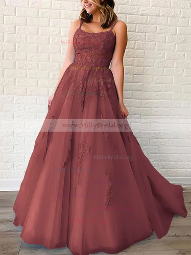 Princess Scoop Dark Red Floor-Length Applique Tulle Prom Dresses Princess Scoop Dark Red Floor-Length Applique Tulle Prom Dresses