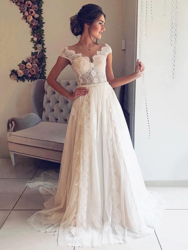 Ball Gown Illusion Lace Sweep Train Wedding Dresses With Pearl Detailing #Milly00023539