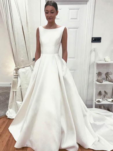 Ball Gown Scoop Neck Satin Sweep Train Wedding Dresses With Pockets #Milly00023541