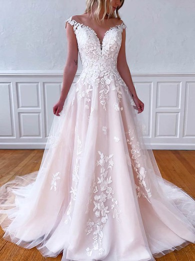 Ball Gown V-neck Tulle Sweep Train Wedding Dresses With Appliques Lace #Milly00023542