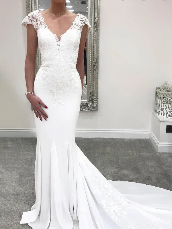 Trumpet/Mermaid V-neck Stretch Crepe Sweep Train Wedding Dresses With Appliques Lace #Milly00023543