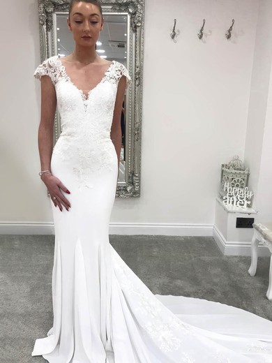 Trumpet/Mermaid V-neck Stretch Crepe Sweep Train Appliques Lace Wedding Dresses #Milly00023543