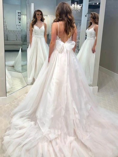 Ball Gown V-neck Lace Tulle Sweep Train Bow Wedding Dresses #Milly00023545