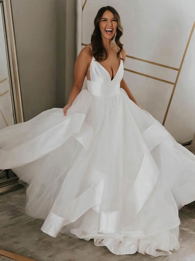 Ball Gown V-neck Satin Organza Sweep Train Wedding Dresses #Milly00023546