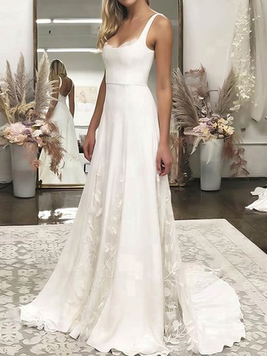 A-line Square Neckline Stretch Crepe Sweep Train Wedding Dresses With Lace #Milly00023548