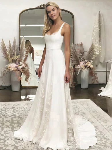 A line Square Neckline Stretch Crepe Sweep Train Wedding Dresses With Lace