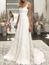 A-line Square Neckline Stretch Crepe Sweep Train Wedding Dresses With Lace #Milly00023548