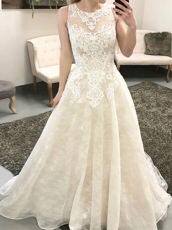 Ball Gown/Princess Illusion Lace Sweep Train Wedding Dresses With Appliques Lace #Milly00023550