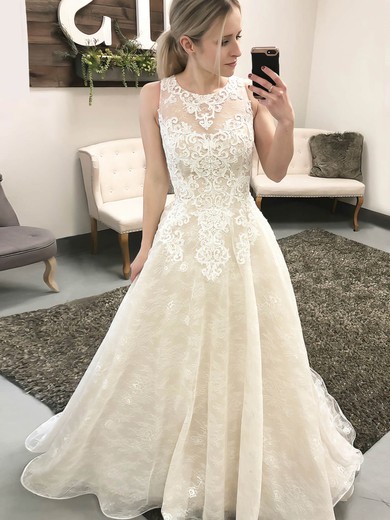 Ball Gown Illusion Lace Sweep Train Wedding Dresses With Appliques Lace #Milly00023550