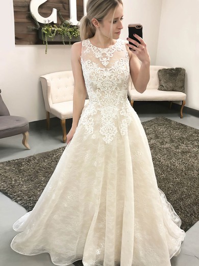 Ball Gown Scoop Neck Lace Sweep Train Appliques Lace Wedding Dresses #Milly00023550