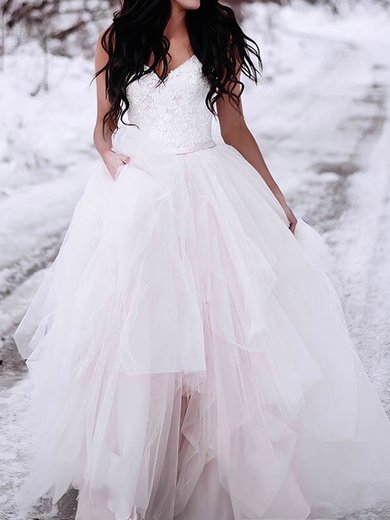 Ball Gown V-neck Tulle Floor-length Wedding Dresses With Appliques Lace #Milly00023551