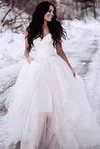 Ball Gown V-neck Tulle Floor-length Appliques Lace Wedding Dresses #Milly00023551