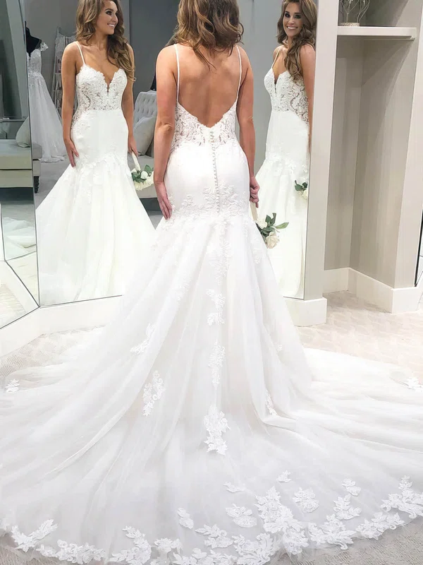 Trumpet/Mermaid V-neck Tulle Sweep Train Wedding Dresses With Appliques Lace #Milly00023552
