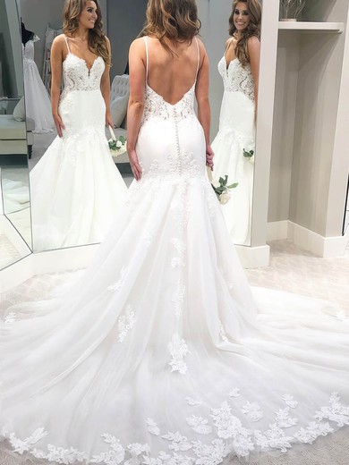 Trumpet/Mermaid V-neck Tulle Sweep Train Appliques Lace Wedding Dresses #Milly00023552